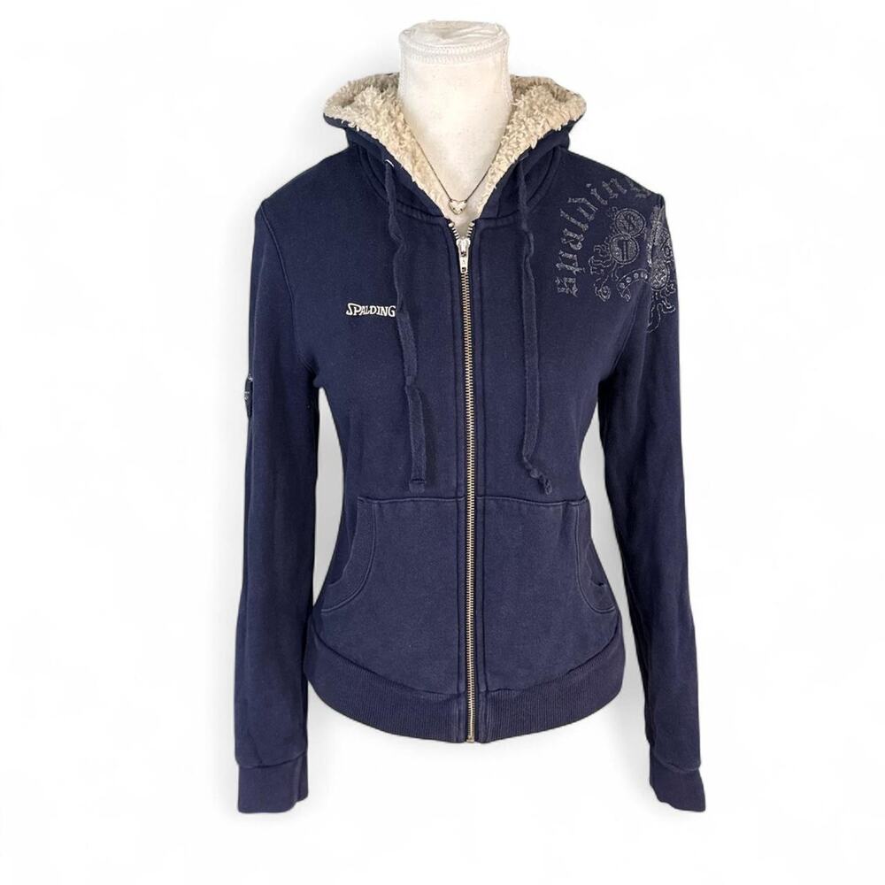 Vintage Y2K Navy blue Spalding zip up hoodie fur lining, size M back to school